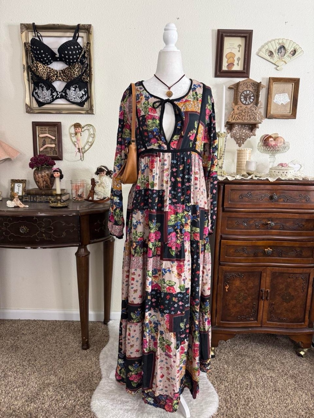 Boho patchwork balloon sleeve‎ flowy whimsical floral maxi dress